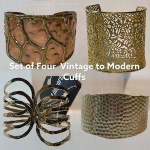 Set of Four Vintage to Modern Arm Cuffs Goldtone and Brass and Copper